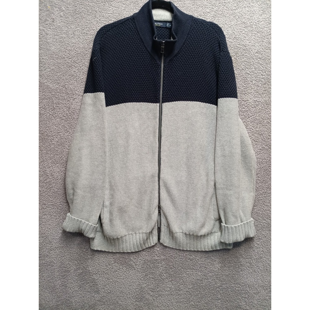 NAUTICA Men's XL Full Zip Cotton Sweater Colorblock Navy Gray Mock Neck Knit